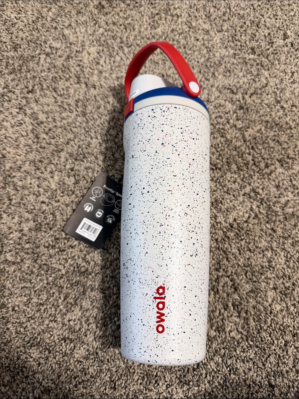 NWT 30oz Liberty Owala White Speckled Insulated Water Bottle with Red Handle